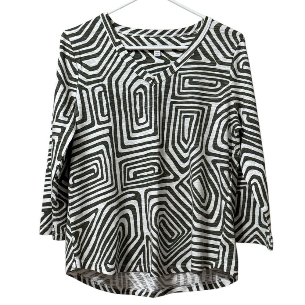 Chicos Size 1 US Medium Green Stripe Long Sleeve V Neck Cotton Blend Casual City